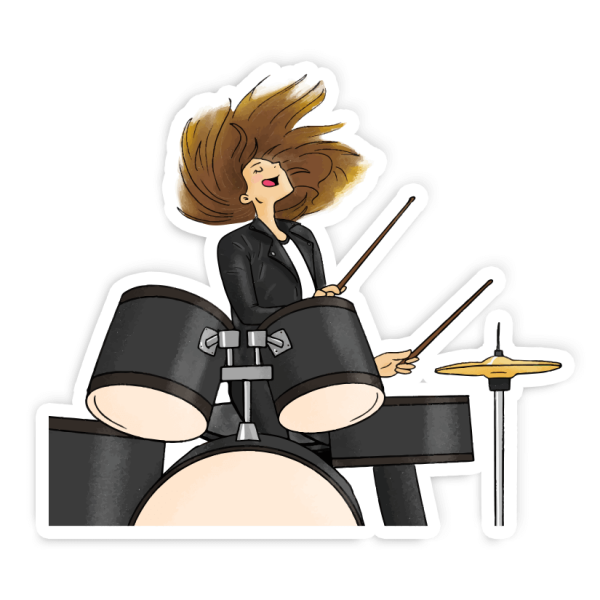 badass drummer girl in black leather jacket playing black drum set laptop sticker