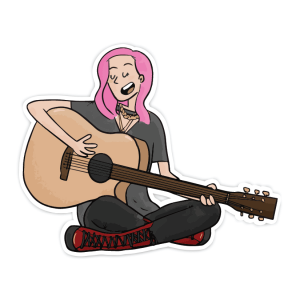 girl with pink hair playing acoustic guitar laptop sticker