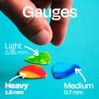 Gauges of reshaycled guitar picks Light 0.45 mm Heavy 1.0 mm Medium 0.7 mm