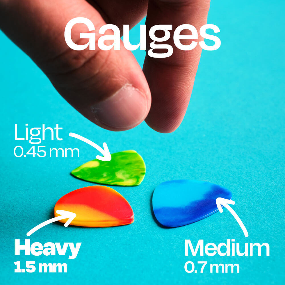 Gauges of reshaycled guitar picks Light 0.45 mm Heavy 1.0 mm Medium 0.7 mm